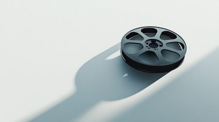 A classic film reel rests elegantly on a minimalist surface, casting a long shadow that evokes nostalgia and the timeless art of storytelling in cinema.の素材