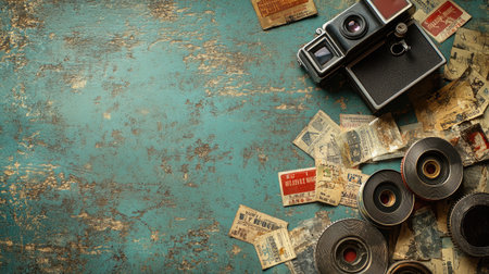 Explore the nostalgic charm of vintage photography with a classic camera, film rolls, and antique photographs arranged on a textured background, ideal for creative projects.の素材