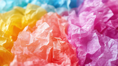 This close-up image features a vibrant, crumpled tissue paper background showcasing a blend of colors, creating a cheerful and artistic ambiance perfect for design projects.の素材