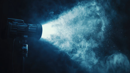 A powerful light beam cuts through a smoky environment, scattering particles in the air, creating an enchanting atmosphere ideal for artistic and creative projects.の素材