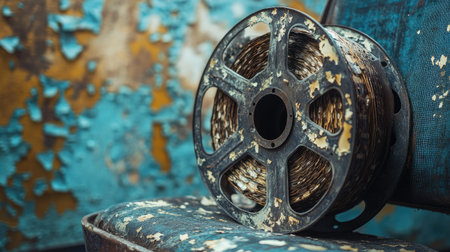 A vintage film reel rests on a weathered surface, showcasing intricate details and textures that evoke a sense of nostalgia and the rich history of cinema.の素材