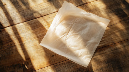 A soft, wrinkled paper rests on a rustic wooden surface, adorned by gentle shadows and warm light, adding a tranquil feel perfect for creative projects and backgrounds.の素材