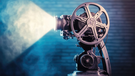 Capture the essence of nostalgia with this classic film projector shining a bright beam in a dark setting, symbolizing the golden age of cinema and storytelling.の素材