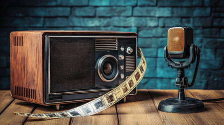 A vintage radio sits beside a classic microphone, with a film strip elegantly displayed on a wooden table against a textured brick background, evoking nostalgia and creativity.の素材