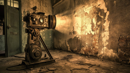 An old vintage movie projector stands in a derelict room, projecting light onto peeling walls, capturing a sense of nostalgia and the passage of time through its unique design and ambiance.の素材