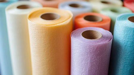 A vibrant collection of pastel-colored crepe paper rolls stacked together, showcasing a variety of shades ideal for crafting, decorations, and creative projects.の素材