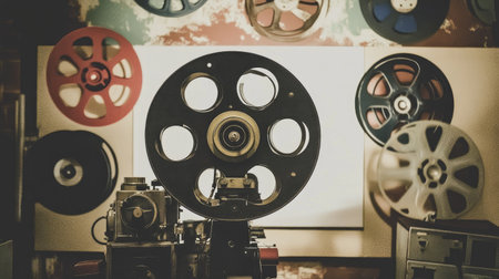 Explore the charm of a vintage film projector showcasing spools and reels, set against a rustic background that captures the essence of classic cinematography and cinematic history.の素材