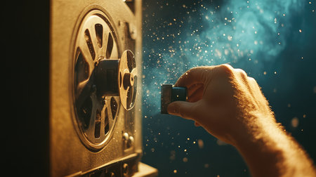 A captivating image featuring a vintage projector with a hand adjusting the film reel. Light beams and particles create an enchanting, nostalgic cinematic atmosphere.の素材