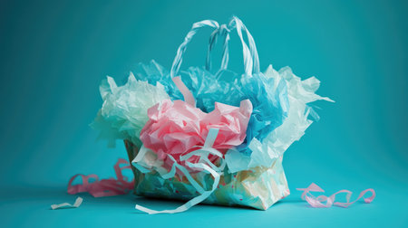 A vibrant gift basket adorned with colorful tissue paper in pink and blue, set against a bright blue backdrop, perfect for celebrating special occasions and joyful moments.の素材