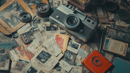 Explore a captivating still life featuring a vintage camera amidst a treasure trove of old photographs and film negatives, embodying nostalgia and timeless stories of the past.の素材