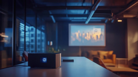 A sleek office environment featuring a projector illuminating a cityscape on the wall, emphasizing modern technology and stylish design elements for professional settings.の素材