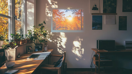 A warm and inviting home office scene illuminated by sunlight, featuring a projector displaying a vibrant forest image and lush greenery creating a cozy atmosphere.の素材