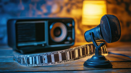 A captivating composition featuring a vintage microphone and film strip beside a retro radio, evoking nostalgia and creativity in an artistic, warm-lit setting.の素材