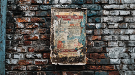 A striking image of a weathered poster affixed to a rough brick wall, highlighting urban decay, vibrant textures, and remnants of past advertisements in a dynamic city setting.の素材
