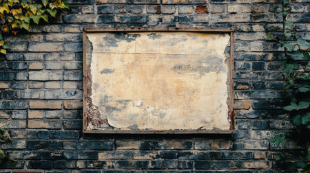 A weathered wooden frame shows peeling paint against a rustic stone wall, with green ivy creeping along, creating a scene of urban decay and nostalgia. Perfect for backgrounds.の素材