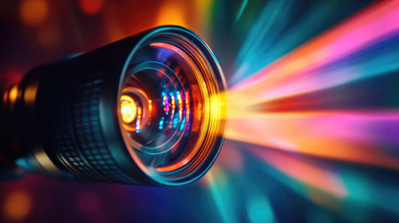 Captivating image of a colorful light projection from a lens, creating vibrant rays in various hues against a dark backdrop, showcasing modern optical technology in action.の素材