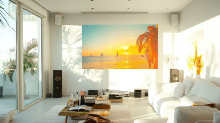Bright and airy living room featuring a stunning tropical sunset artwork, creating a tranquil and inviting ambiance perfect for relaxation and leisure.の素材