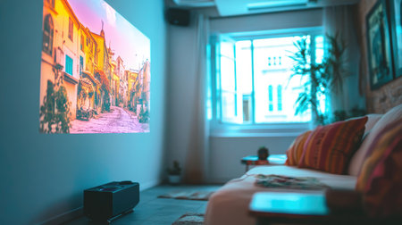 A stylish living room featuring a projector showcasing a colorful street scene on the wall, complemented by natural light and modern decor for a cozy feel.の素材