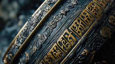 This image showcases a beautiful close-up of a circular drum featuring intricate engravings and ornate designs, highlighting the art and culture of traditional craftsmanship.の素材