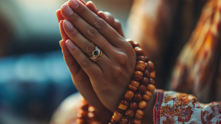 A person engaging in a moment of prayer with hands together, adorned with beautiful beads, embodying tranquility and spiritual reflection in a serene atmosphere.の素材