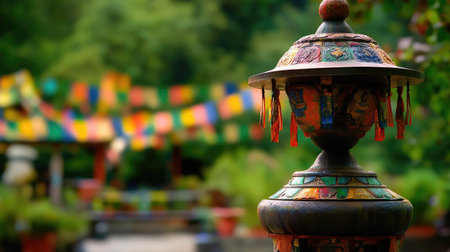 This captivating image features a vibrant prayer wheel set against a backdrop of colorful flags and lush greenery, creating a serene and spiritually uplifting atmosphere.の素材