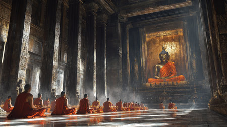 This captivating image captures a serene gathering of monks in a majestic temple, with a golden Buddha statue illuminated by gentle light, showcasing spirituality and tranquility.の素材