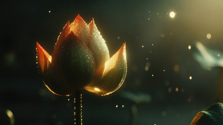 This captivating image features a lotus flower adorned with dew drops, beautifully illuminated by soft light, evoking a sense of peace and natural elegance in a serene environment.の素材