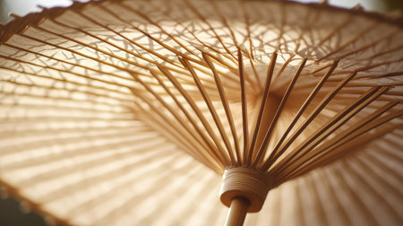Beautiful close-up of a traditional bamboo umbrella highlighting its intricate structure, capturing the essence of craftsmanship and natural materials against soft light.の素材