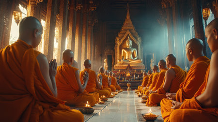 A tranquil scene depicting monks engaged in meditation within a magnificent Buddhist temple, radiating serenity through their devoted practice and the illuminating presence of a golden Buddha.の素材