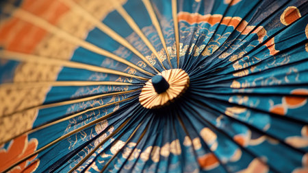 A stunning close-up of a traditional Japanese umbrella showcasing intricate patterns and rich colors of blue, gold, and orange, ideal for cultural artistry and vibrant backgrounds.の素材