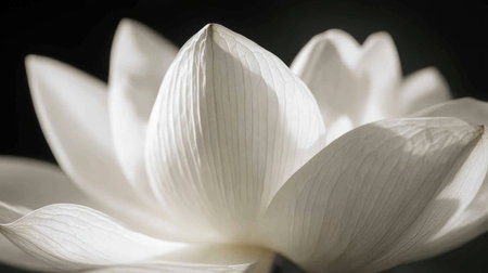 Captivating close-up of a white lotus flower highlighting its delicate petals and intricate details, perfect for conveying tranquility and natural beauty in photography.の素材