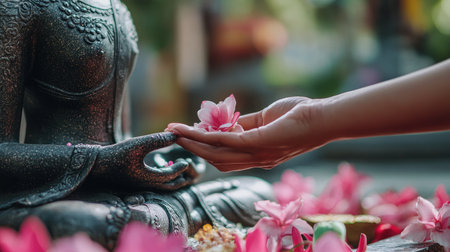 A serene close-up image showing a hand gently placing a pink flower into the palm of a Buddha statue, surrounded by vibrant petals, evoking tranquility and spirituality.の素材