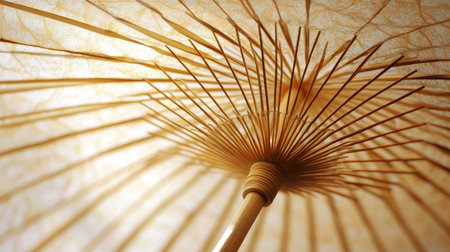 Discover the beautiful details of a traditional paper umbrella viewed from underneath, displaying its lovely spokes and texture against a soft, filtered light background.の素材