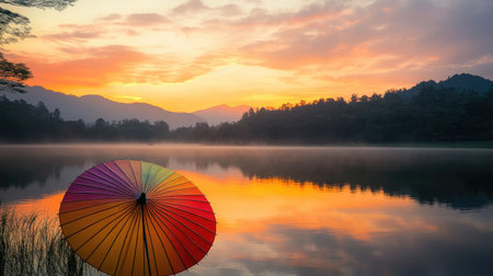 A vibrant sunrise scene showcases a colorful umbrella beside a calm lake, with stunning reflections and a misty mountain backdrop, perfect for evoking peace and tranquility.の素材