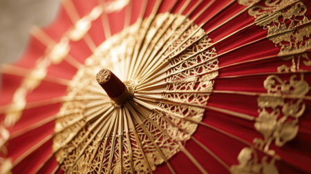 A beautifully crafted red umbrella featuring intricate golden patterns, highlighting traditional artistry and perfect for cultural and decorative projects.の素材