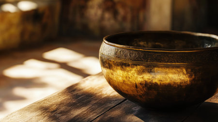 Discover the beauty of an elegant antique brass bowl resting on a rustic wood table. Soft natural light creates an inviting and warm atmosphere, perfect for design inspiration.の素材