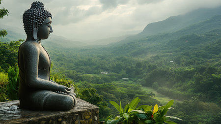 Experience a moment of peace with this captivating Buddha statue set against a breathtaking green landscape and misty mountains, evoking a sense of tranquility and connection to nature.の素材