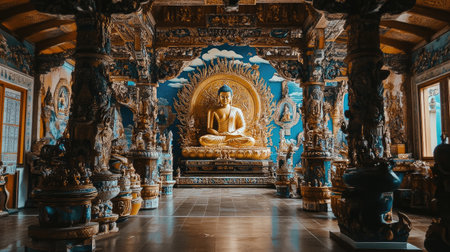 A tranquil view of a Buddha statue set within an exquisitely decorated temple, showcasing ornate carvings and vibrant art, perfect for evoking peace and spirituality.の素材
