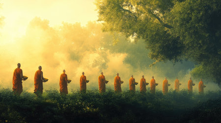 A group of monks in orange robes walks quietly through a misty forest at dawn, embodying peace and spirituality amidst the enchanting natural landscape.の素材