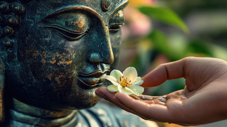 A captivating image of a Buddha statue graciously receiving a delicate white flower, symbolizing peace and spirituality amidst a serene garden atmosphere.の素材