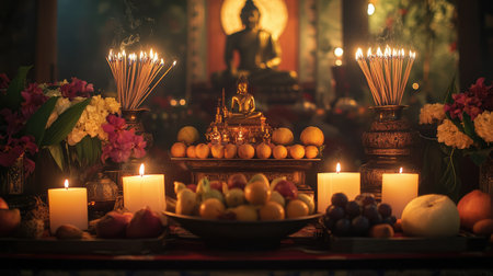 A beautifully arranged altar featuring a Buddha statue with fruits, candles, and vibrant flowers, creating a tranquil ambiance ideal for meditation and spiritual reflection.の素材