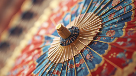 Explore a close-up view of a colorful traditional paper umbrella, highlighting its intricate design and craftsmanship, perfect for artistic and cultural themes.の素材