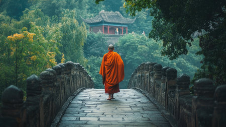 A peaceful monk in an orange robe strolls slowly across an ancient stone bridge, immersed in a lush green landscape and traditional architecture, evoking tranquility and meditation.の素材