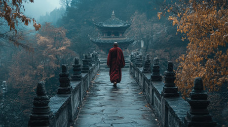 A solitary monk in red robe walks across a historic stone bridge, surrounded by autumn foliage, mist, and a tranquil pavilion, embodying peace and spirituality in nature.の素材