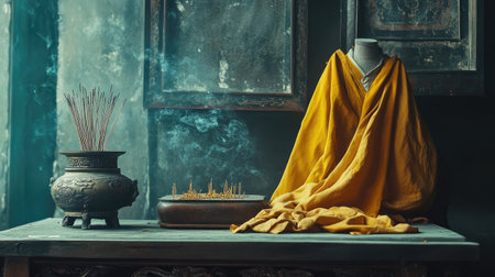 A tranquil arrangement of a monk's robe and incense on a wooden table, exuding spiritual atmosphere, evoking calmness and reflection in an ancient, serene environment.の素材