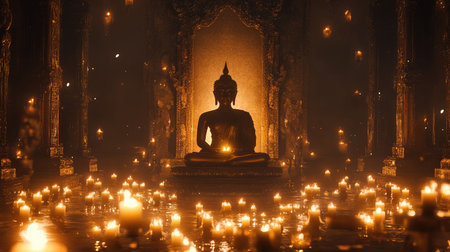 A tranquil scene featuring a Buddha statue, illuminated by the soft glow of numerous candles, creating a serene and contemplative atmosphere perfect for meditation.の素材