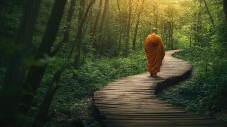 A peaceful monk walks along a winding wooden path in a vibrant forest, embodying tranquility and spiritual harmony in nature's beauty during the soft morning light.の素材