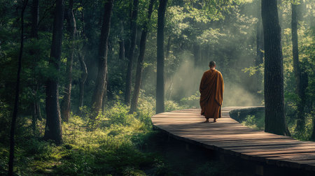 A monk walks peacefully along a wooden path in a serene forest, bathed in soft morning light and enveloped by gentle mist, embodying tranquility and mindfulness in nature.の素材