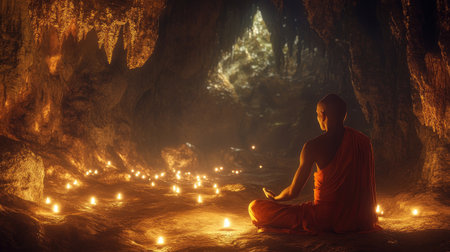 An inspiring image of a monk in peaceful meditation, surrounded by flickering candles in a cave, creating a tranquil and serene atmosphere enriched with natural light.の素材