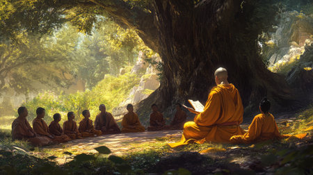 A serene scene of monks engaging in meditation and learning under the shade of ancient trees, capturing the essence of spirituality and tranquility in a beautiful natural setting.の素材